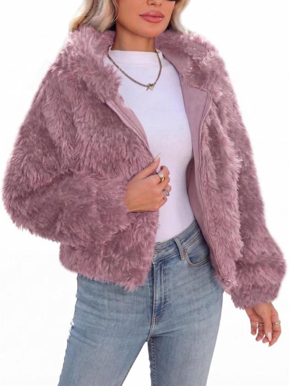 Women's Pink High Spread Collar Hood Long Sleeve Full Zip Winter Fleece Jacket